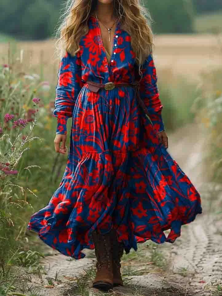 Women's Boho Ethnic Floral Art Print Pocket Cotton Dress