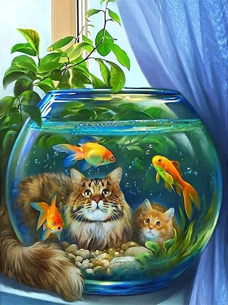 Fish Tank Cat 40*50CM Full Round/AB Round Drill  Diamond Painting gbfke