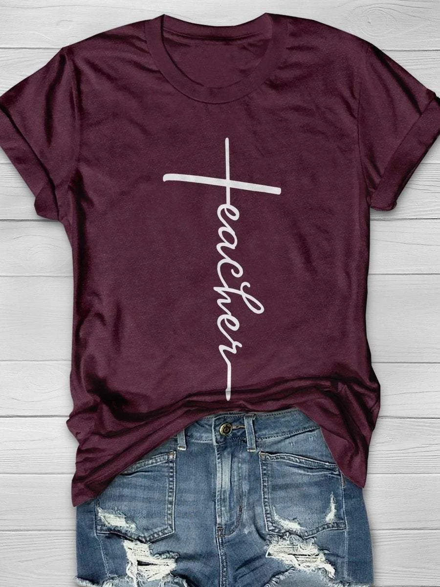 Teacher Cross Print Short Sleeve T-shirt