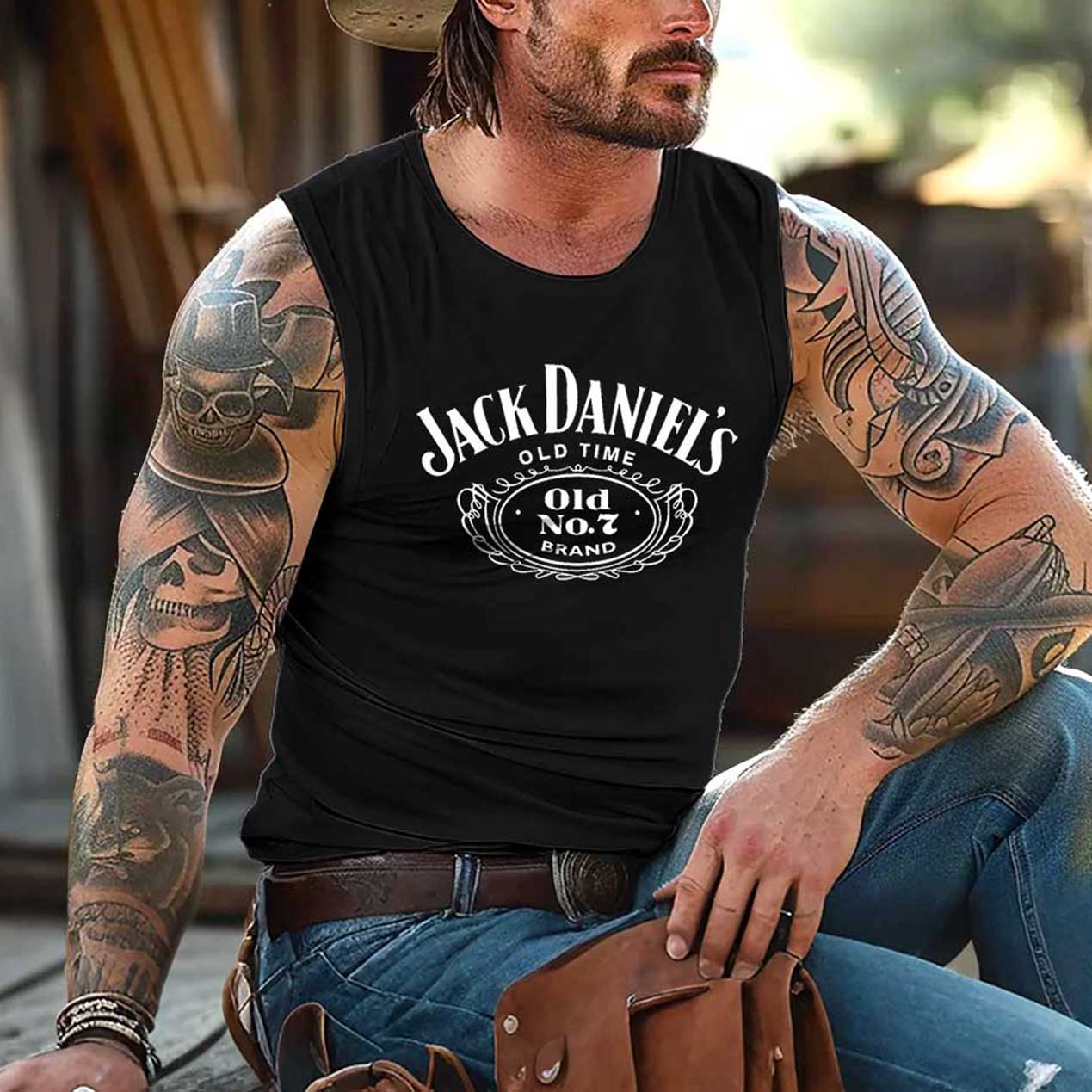 Men's Vintage Whiskey Western Cowboy Rodeo Graphic Print Round Neck Sleeveless Muscle Tank Top / TECHWEAR CLUB / Techwear