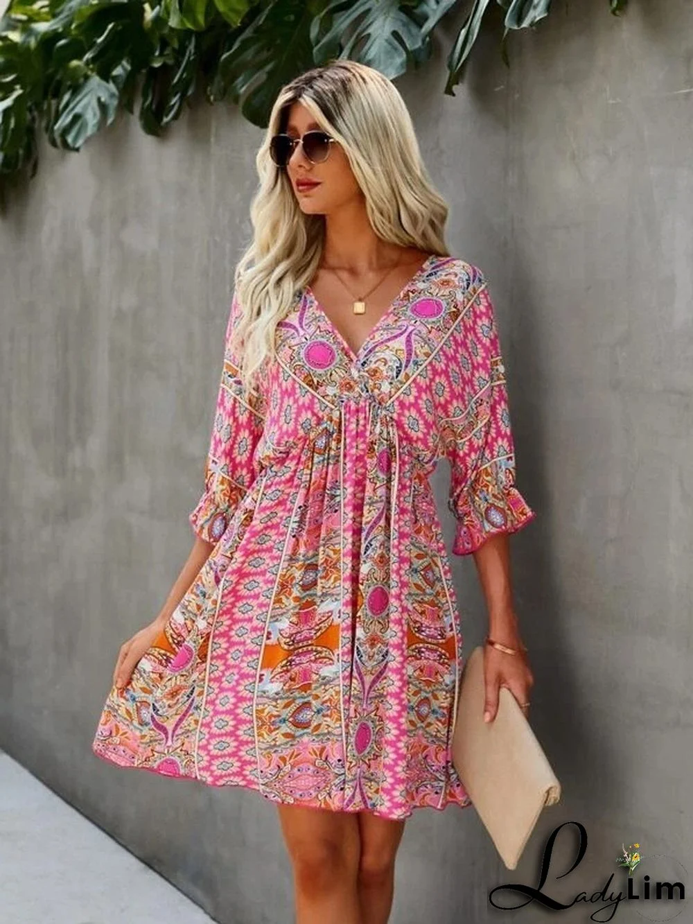 Spring Summer Fashion Print V-Neck Low Back Lace-Up Sexy Short Sleeve Dress
