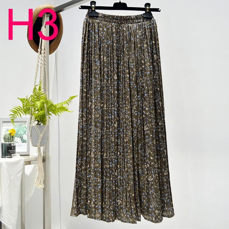 Summer Skirts Womens 2020 New Vintage Floral Print Chiffon Pleated Skirt Elastic High Waist Casual Midi Skirt Women Clothes Jupe