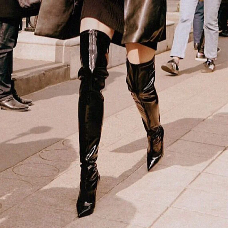 Women's Pointed-toe Stiletto Patent Leather Over-The-Knee Elastic Boots Slim Side Zipper High Boots Novameme