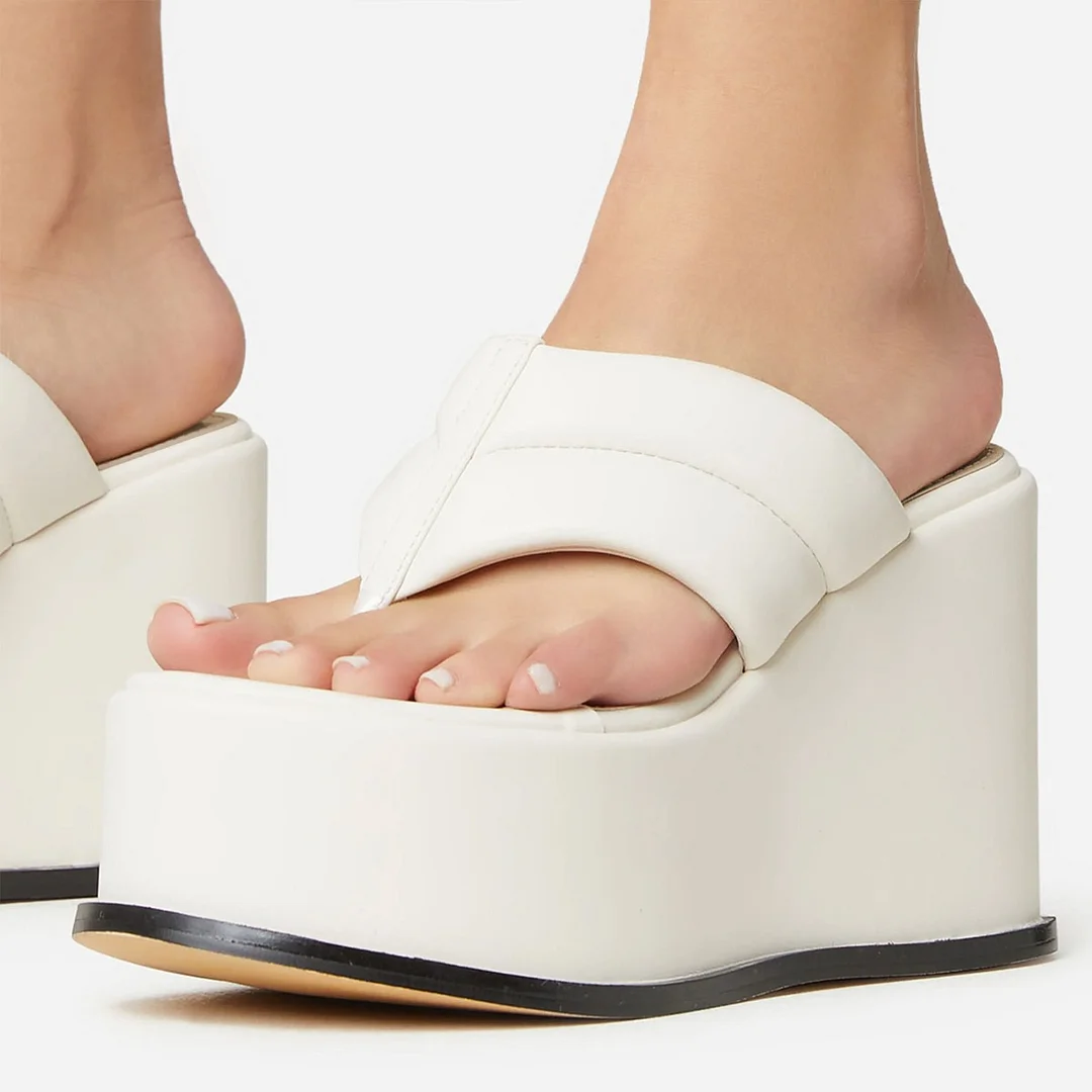 White Open Round Toe Wedge Heel Platform Flip Flops Mules Shoes