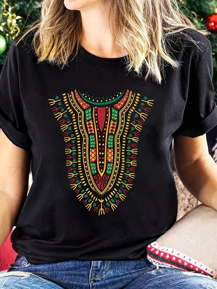Women's Breathable Kente Cloth African Print Tribal Dashiki - Traditional African Fashion, Round Neck, Short Sleeve, Regular Fit, All-Season Casual Wear, Cultural Attire | Traditional Fashion | Comfortable Fit