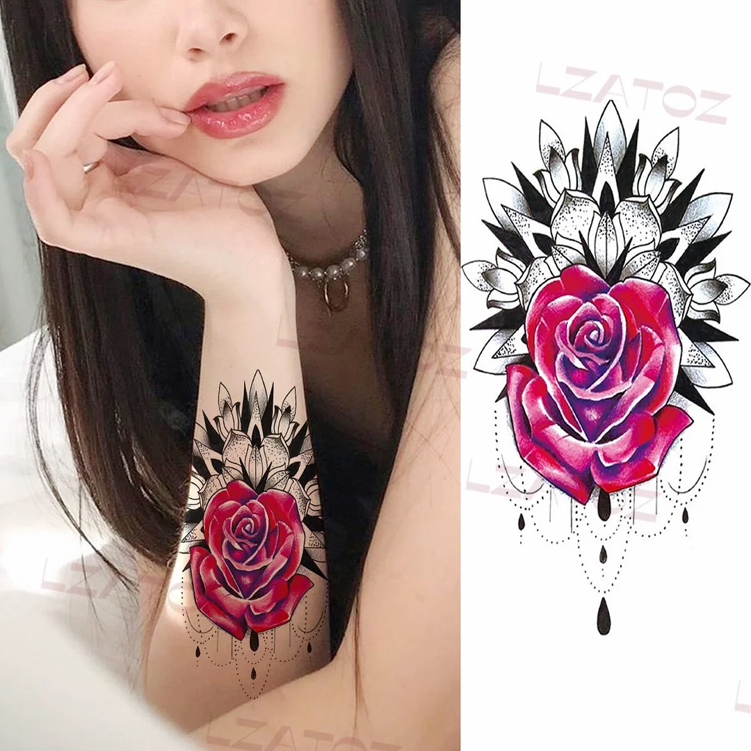 Sdrawing Big Letters Temporary Tattoos For Men Women Moon Pendant Peony Fake Tattoo Sticker Custom Armband Fashion Disposable Tatoo