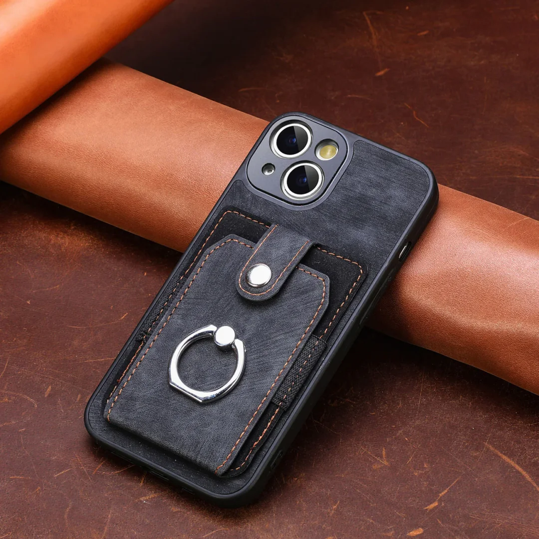 For iPhone 13/14 Series Card Holder Leather Cover Ring Phone Case