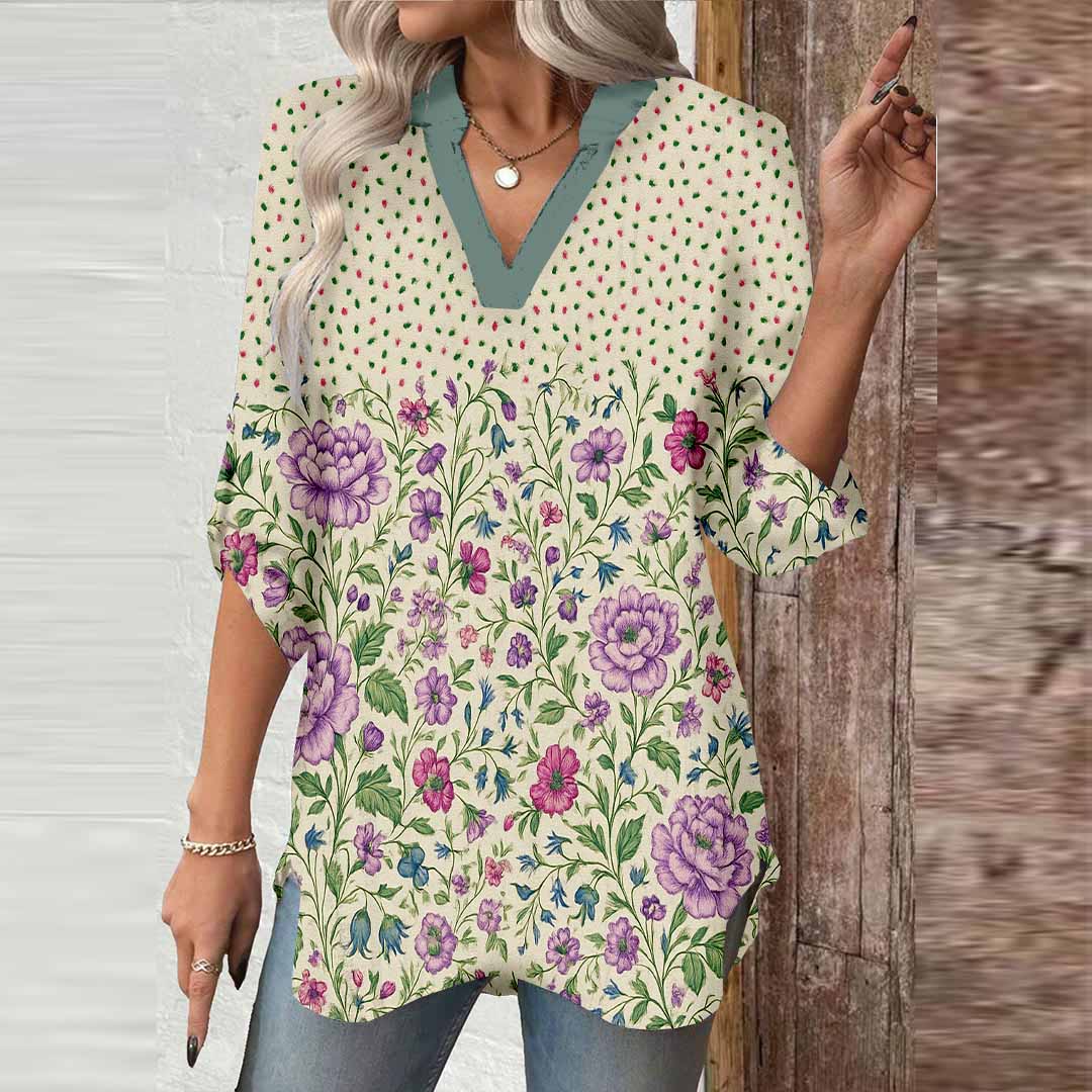 Women Floral, Beige, Purple DZGA0406 3/4 Sleeve V-neck Printed Graphic Button Tops