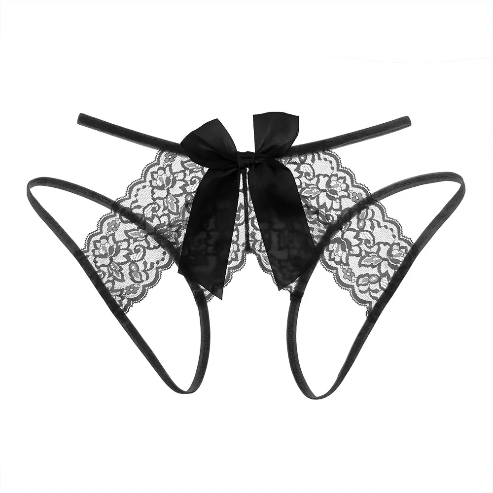 Billionm Sale Women's Sexy Hollow Out Thong Lingerie Open Crotch Underwear Lady's Crotchless Lace Panties With Bow Plus Size M - XXL