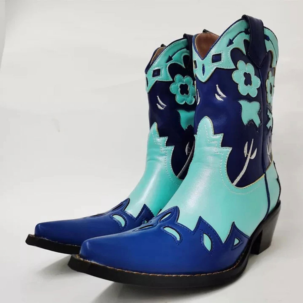 Blue & Turquoise Snip Toe Floral Short Cowgirl Boots with Block Heel