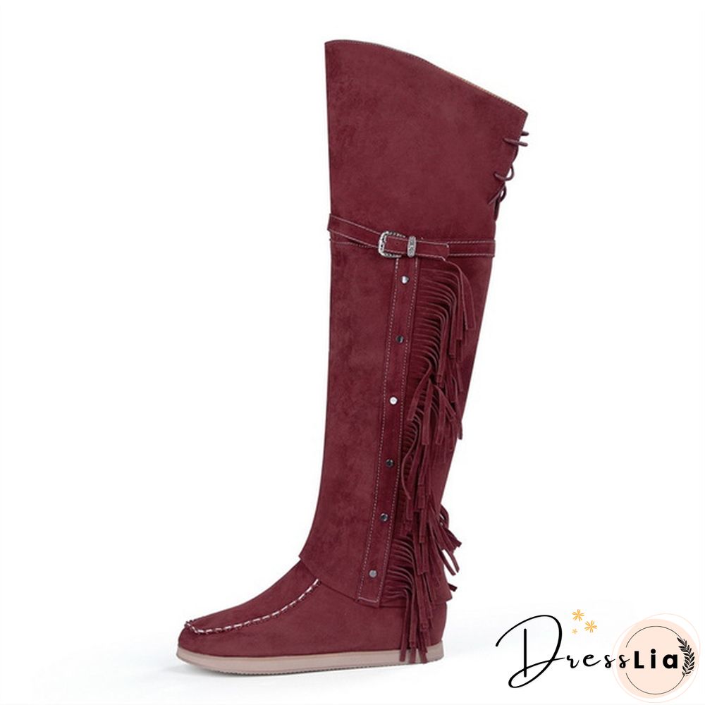 Winter Women Faux Suede Tassel Boots Fashion Ethnic Fringe Boho Long Boots Flat Heel Knee High Boots