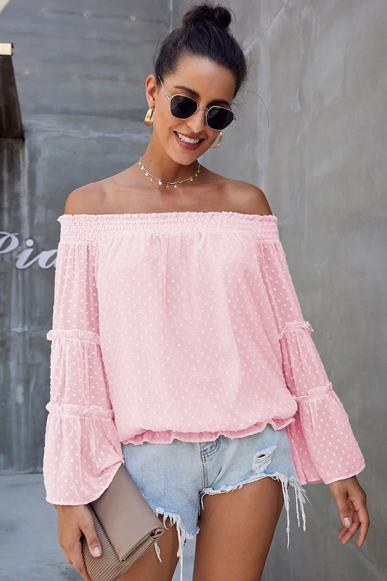 Uveng Long Dot Sleeve Chiffon Off-shoulder Off-the-neck Hollow-out Loose Top