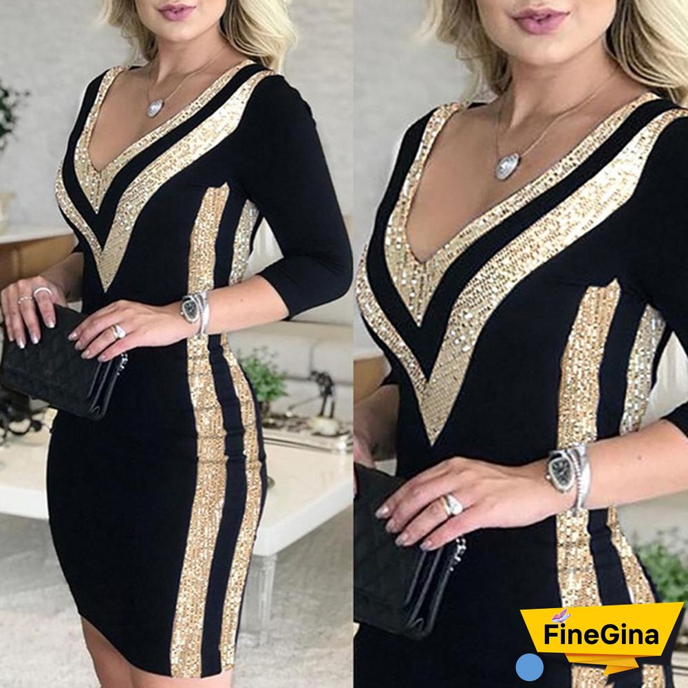 New Women Fashion Deep V-Neck Sequins Colorblock Long Sleeve Bodycon Dresses Package Hip Robe Cocktail Vestidos Party Dress Plus Size