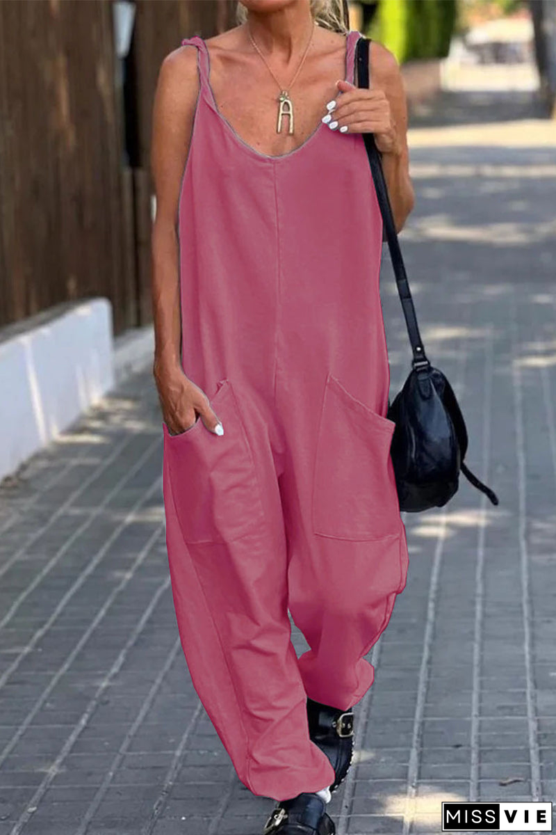 Casual Simplicity Solid Pocket U Neck Loose Jumpsuits(12 Colors)