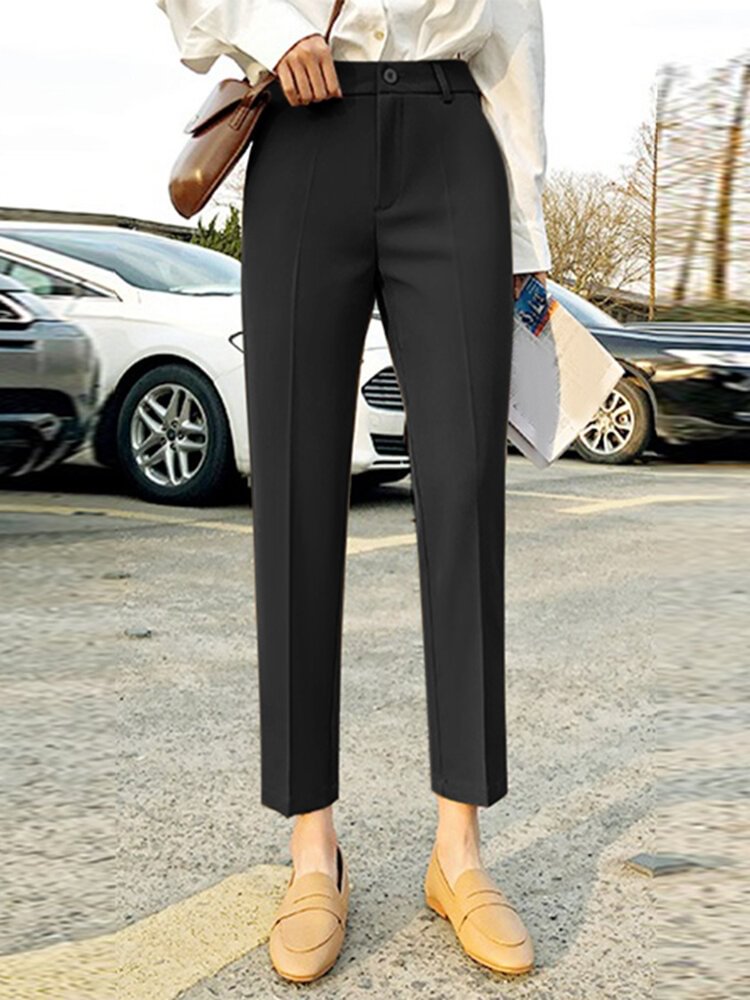 Solid Pocket Button Zip Front Crop Tailored Pants