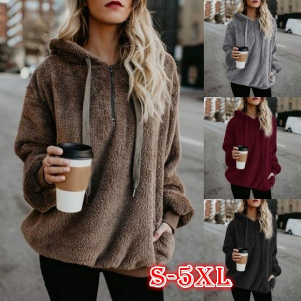 S-5XL New Women Sweaters Fleece Zipper Hooded Pullover Casual Solid Color Ladies Tops Long Sleeves Loose Plush Sweater - Shop Trendy Women's Fashion | TeeYours