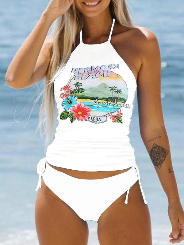 Her Mosa Beach Letters Floral Print Bikini Swimsuit Set