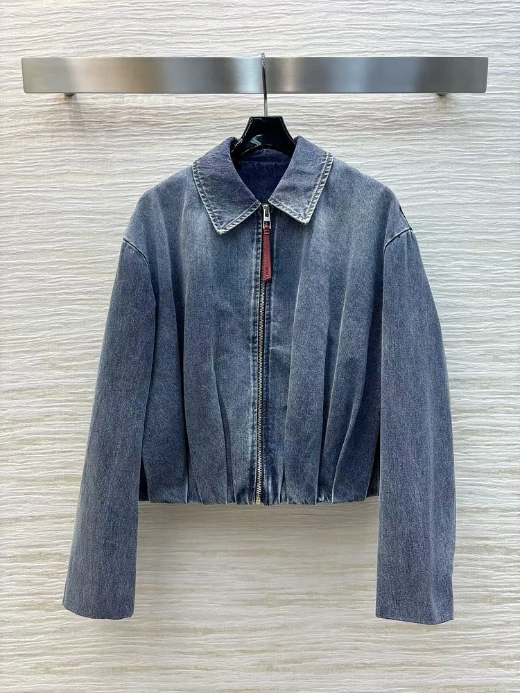 Women's Casual Denim Jacket Fashion High Street With Zip Lapel Long Sleeve Jacket 