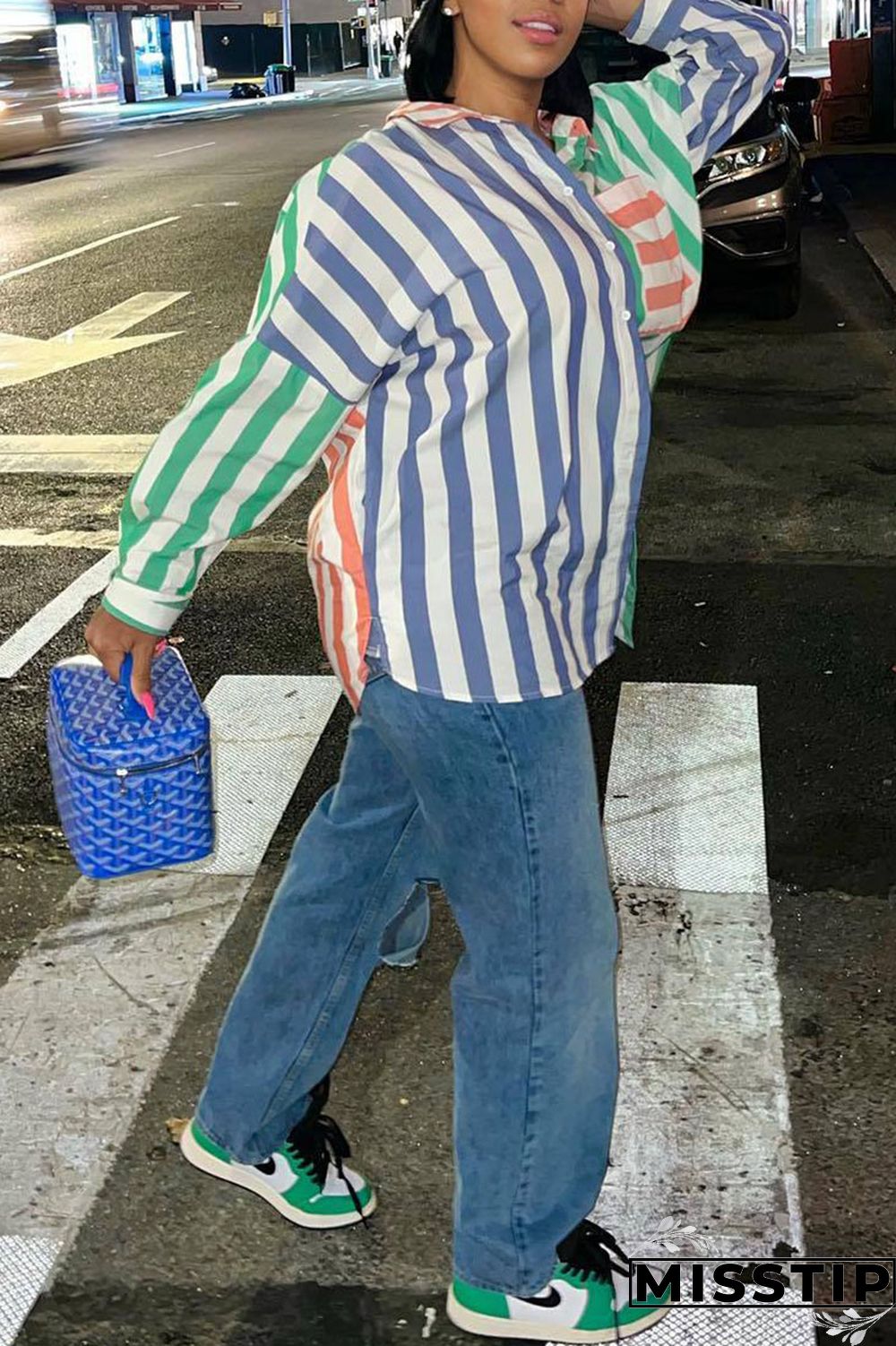 Blue Casual Striped Print Patchwork Buckle Turndown Collar Tops