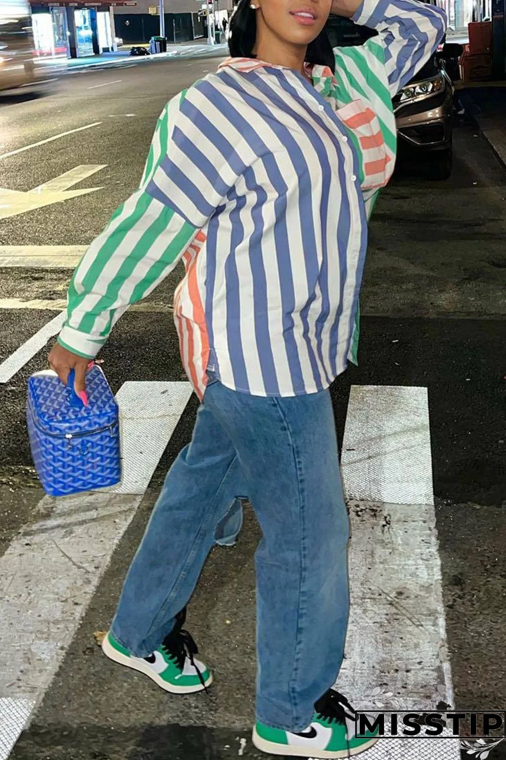 Blue Casual Striped Print Patchwork Buckle Turndown Collar Tops