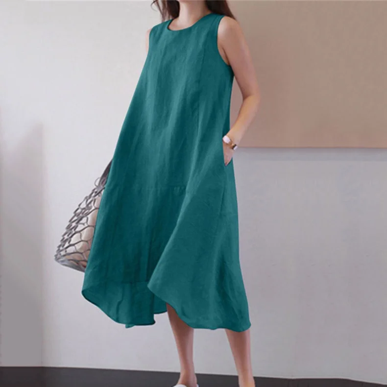 ⚡NEW SEASON⚡Loose Pocket Solid Cotton Linen Vest Midi Dress