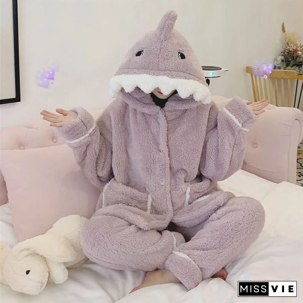 Lovely Cartoon Shark Plush Hooded Pajamas Set