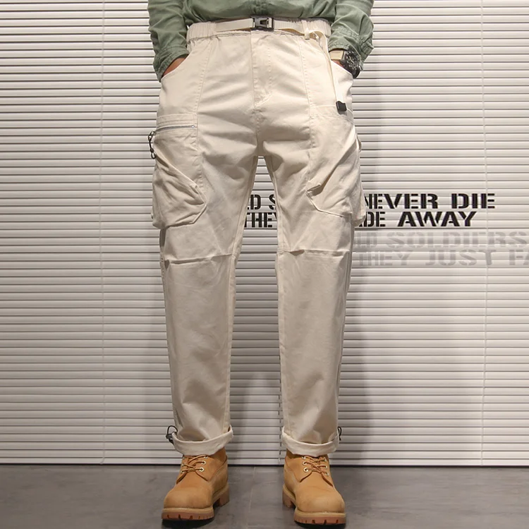 Outdoor Loose Washed Straight Multi-Pocket Off-White Cargo Pants