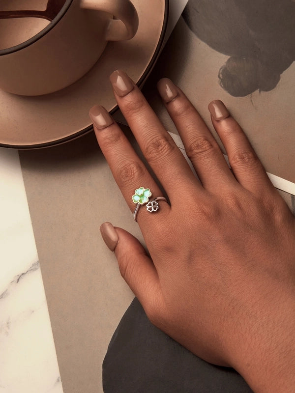 White Gold Plated 925 Sterling Silver Glass Four Leaf Clover Open Rings