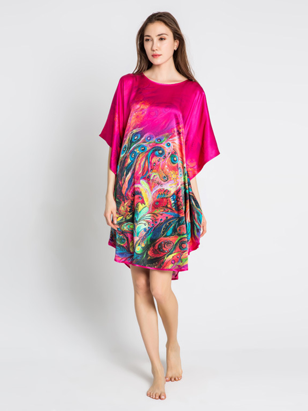 19 MOMME Robe de nuit en soie imprimé paon rose - grande taille- SOIE PLUS