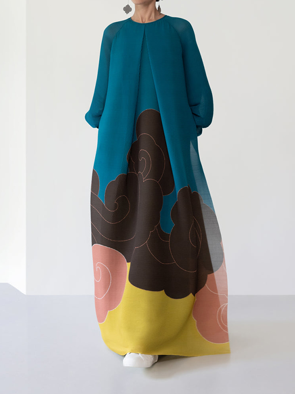 Puff Long Sleeve Printed Pleated Maxi Dress