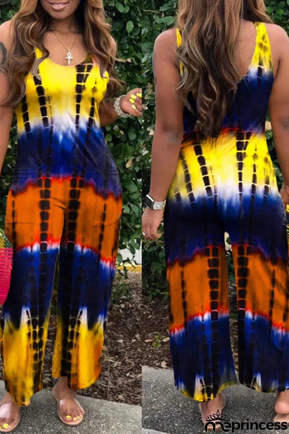 Yellow Casual Print Split Joint U Neck Loose Jumpsuits