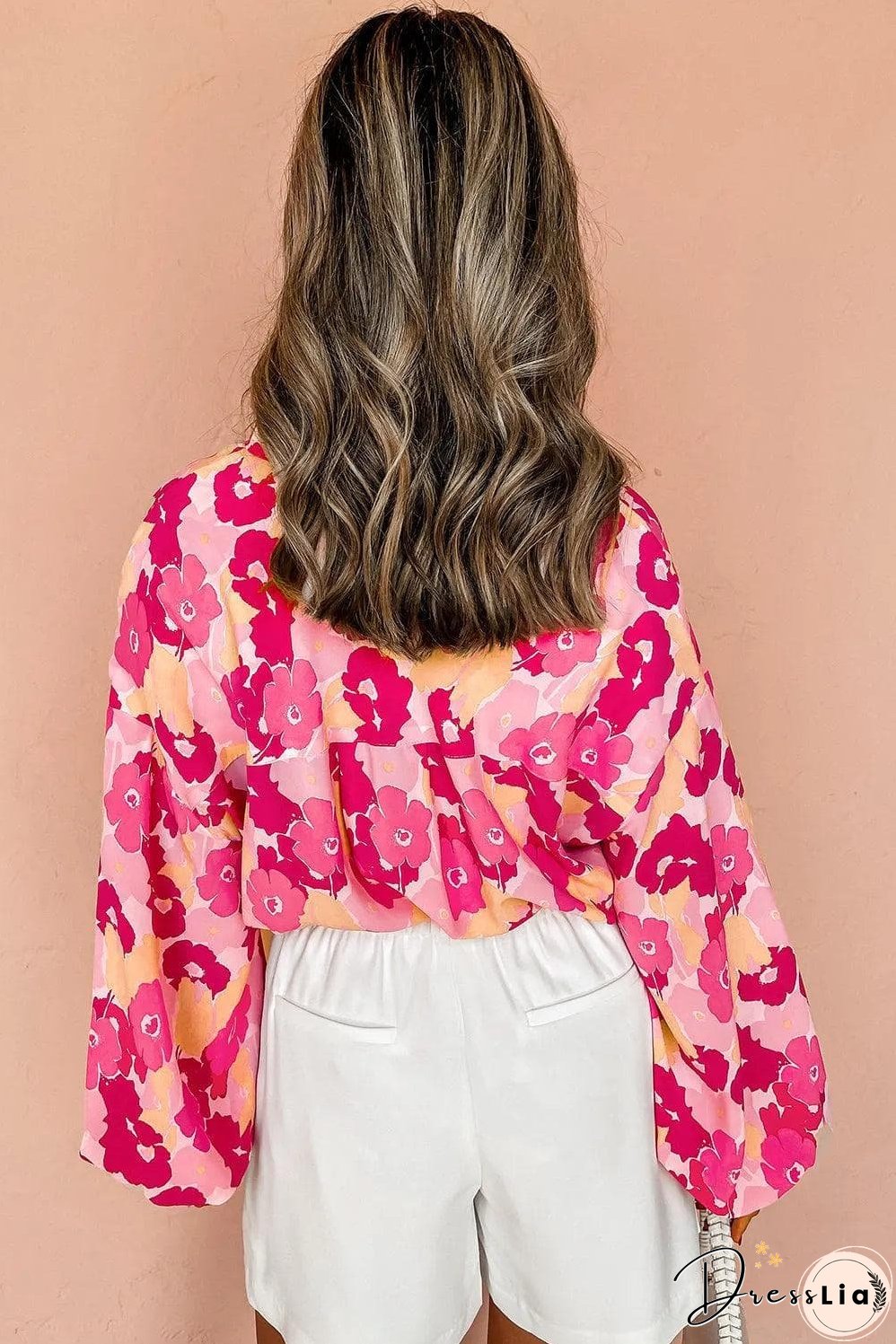 Pink Blooming Floral Print Puff Sleeve Buttoned Shirt