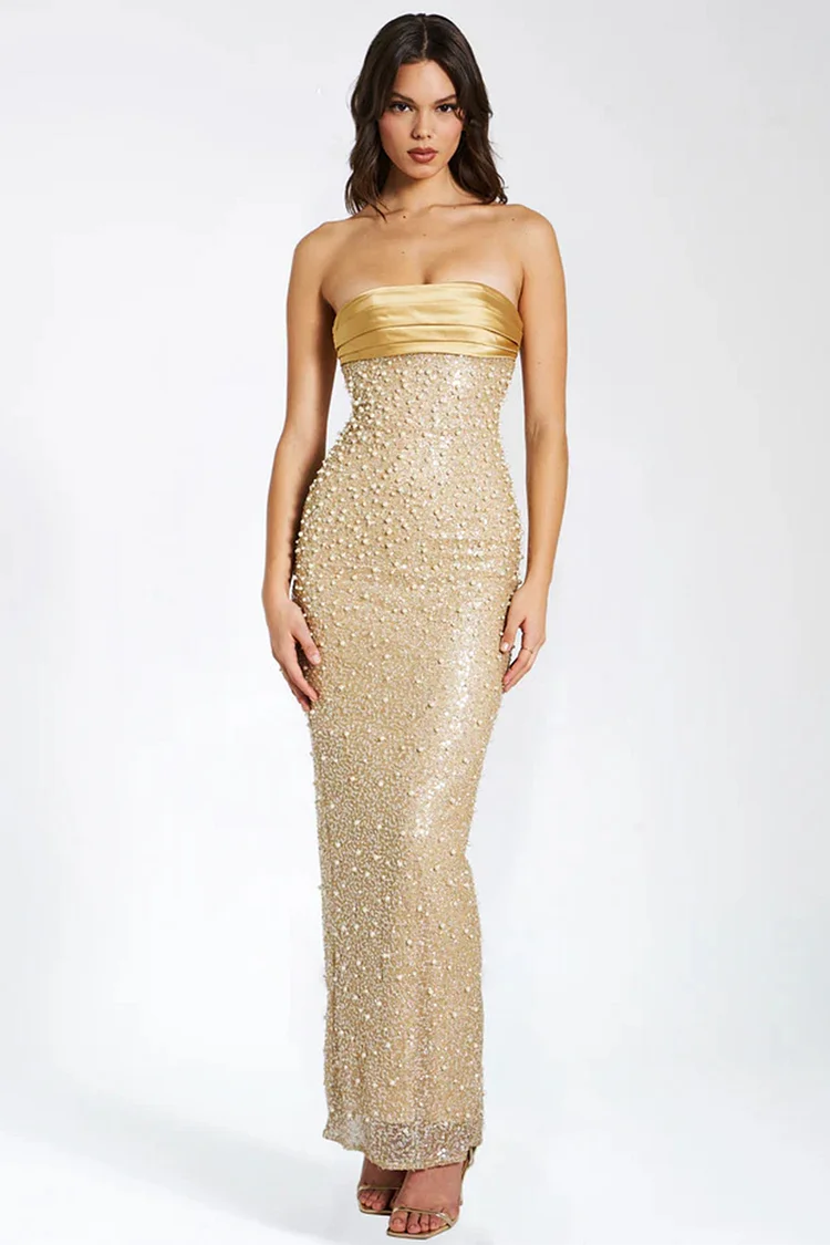 Evening Gown Gold Sequin Beads Rhinestones Strapless Sheath Maxi Dress