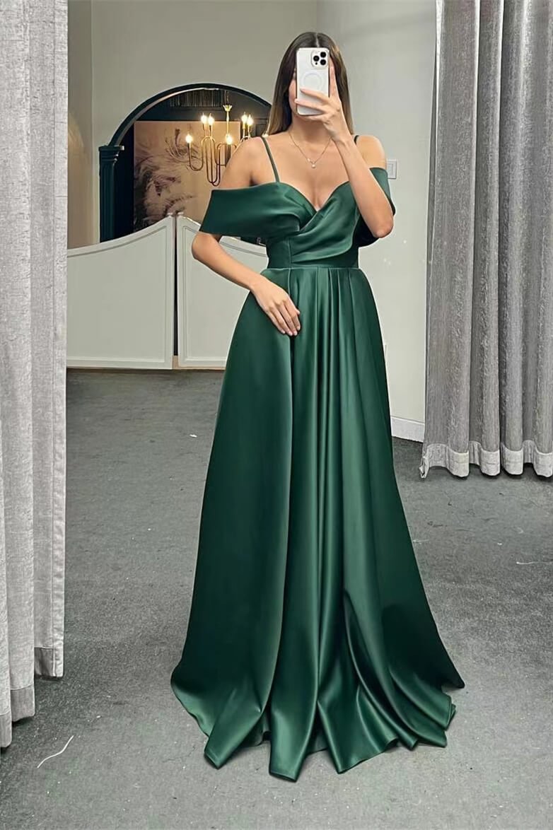 Spaghetti-Straps A-Line Off-the-Shoulder Lace-Up Back Long Evening Dress | Ballbellas Ballbellas