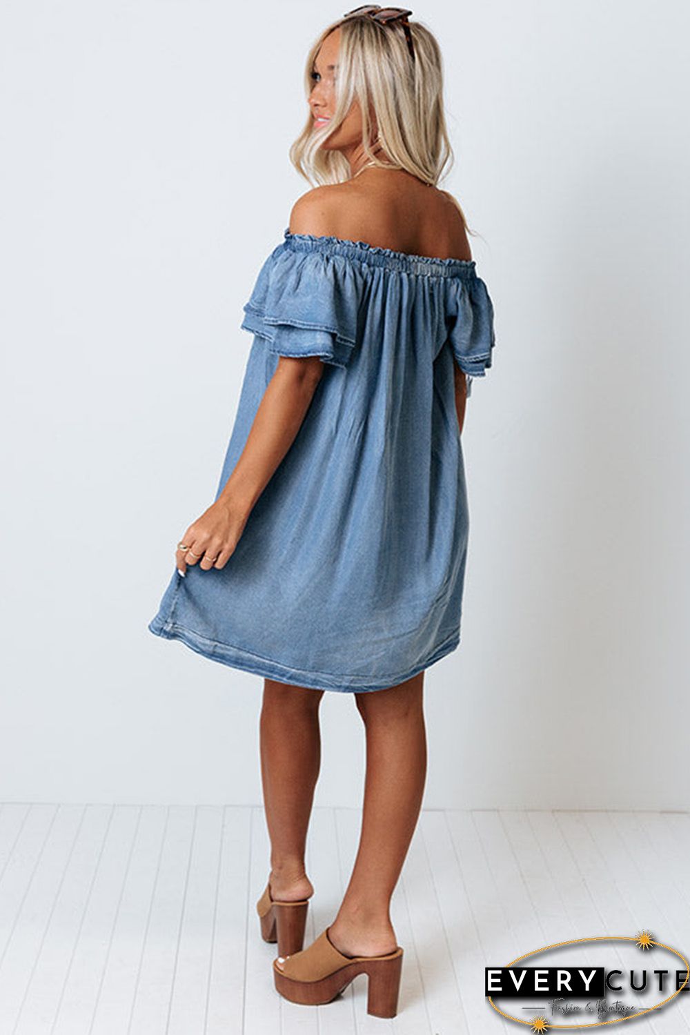 Off-Shoulder Ruffle Sleeves Maxi Dress - Blue main image 0