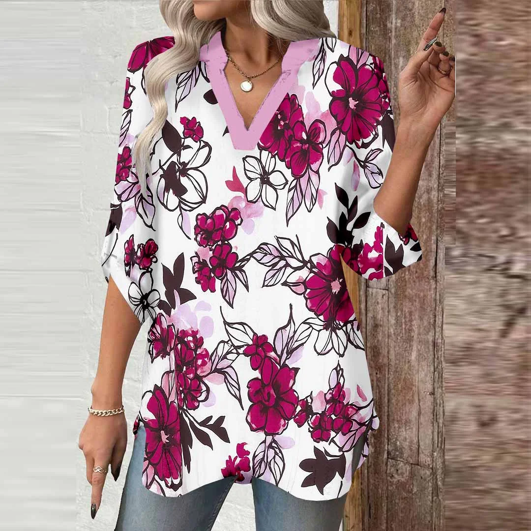 Women Floral,Red,White DZGA0667 3/4 Sleeve V-neck Printed Graphic Button Tops