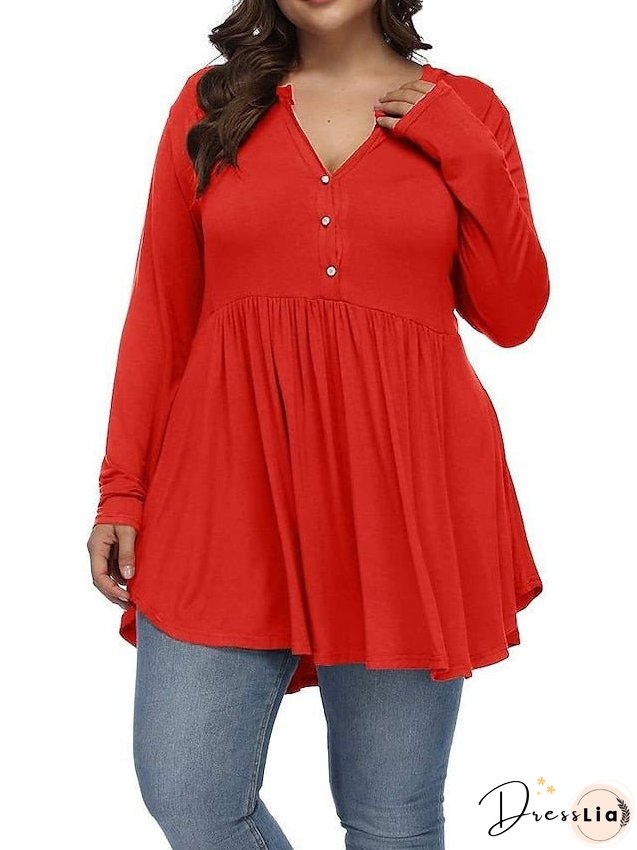 T shirt Tee Light Blue claret Deep Purple Plain Button Flowing tunic Long Sleeve Daily Weekend Basic V Neck Long Plus Size L for Women