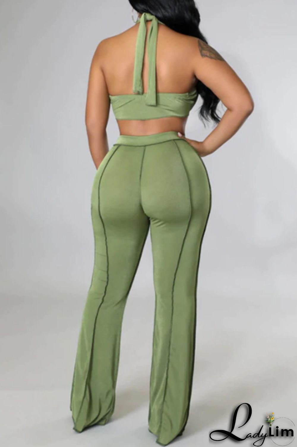 Orange Sexy Lips Printed Backless Asymmetrical Halter Sleeveless Two Pieces