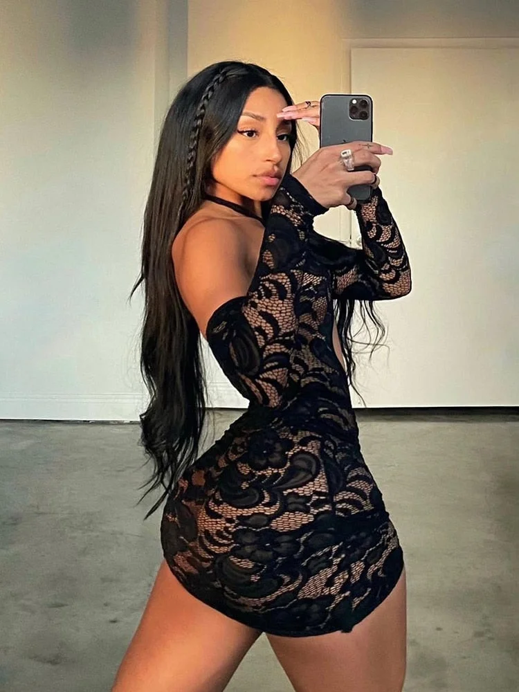 Midnight Clubwear Halter Drawstring Dresses Sexy Lace See Through Mini Dress For Women Long Sleeve Hollow Out Bodycon