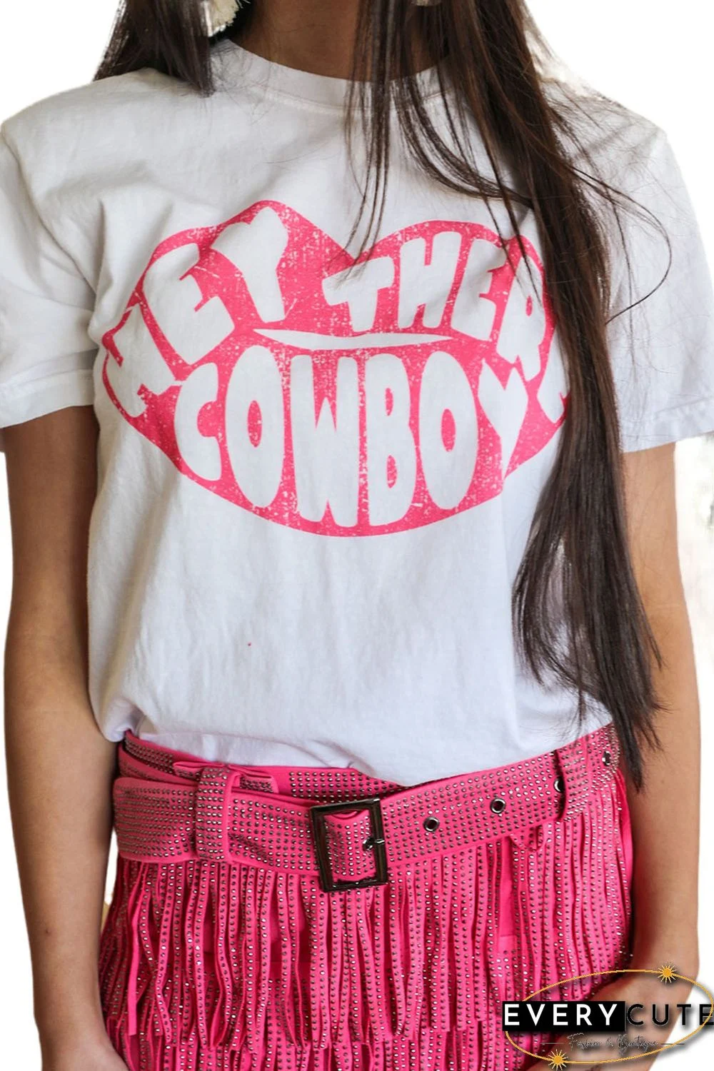 White Round Neck HEY THERE COWBOY Graphic Tee