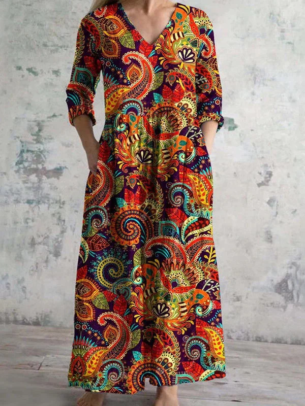 Women's Long Sleeve V-neck Graphic Printed Midi Dress