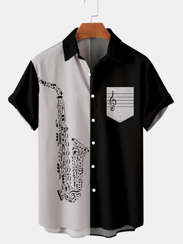 Mens music print casual breathable Hawaiian short sleeved shirt