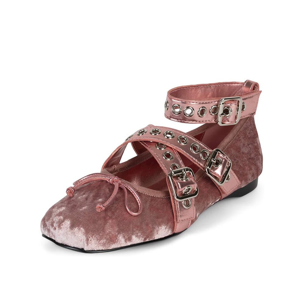 Pink Velvet Bow Round Toe Grommets Buckle Strappy Flat Shoes Women Nicepairs