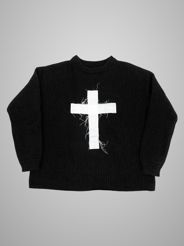 Gothic Dark Unisex Casual Cross Patched Crew Collar Long Sleeve Tight Cuff Oversize Sweater