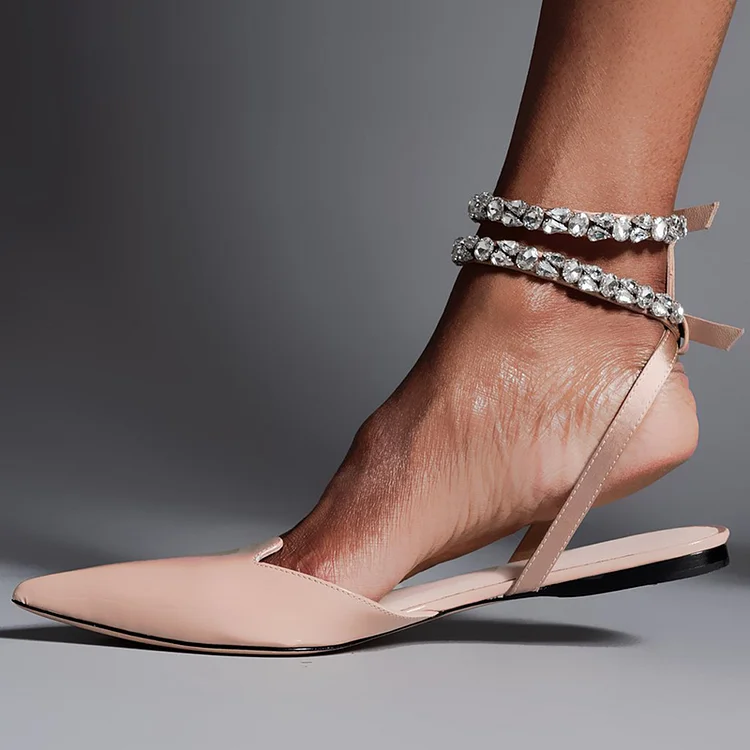 Nude Pointy Toe Wedding Shoes Rhinestones Ankle Strap Flats |FSJ Shoes