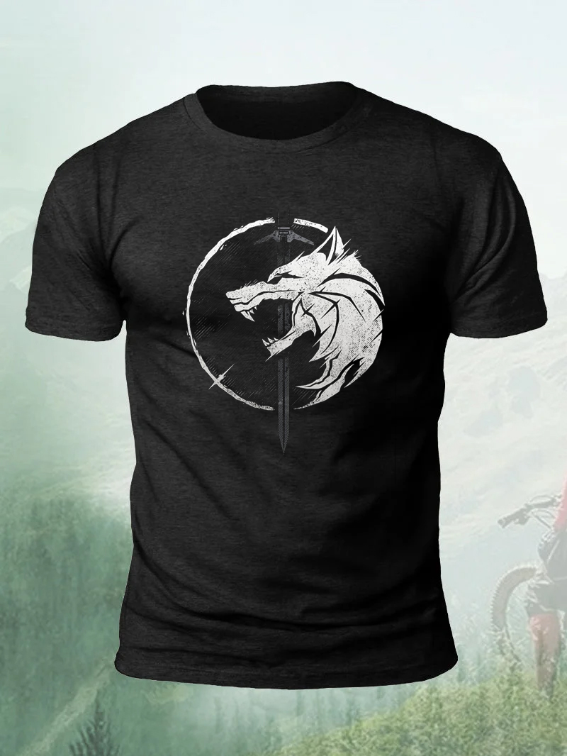 Men's The Witcher Wolf Sword Print Short Sleeve T-Shirt