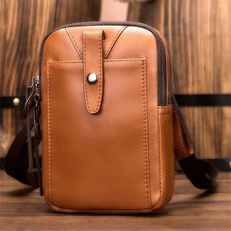 Men's Leather Belt Bag Retro Double Zipper Phone Bag