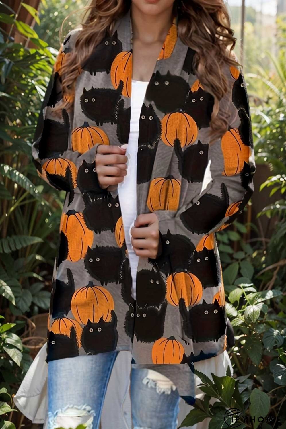 plus size halloween coat women s pus allover cat pumpkin print long sleeve open front medium stretch cardigan overcoat | IFYHOME