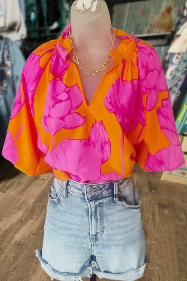 Chic Floral Print V-Neck Bubble Sleeve Top