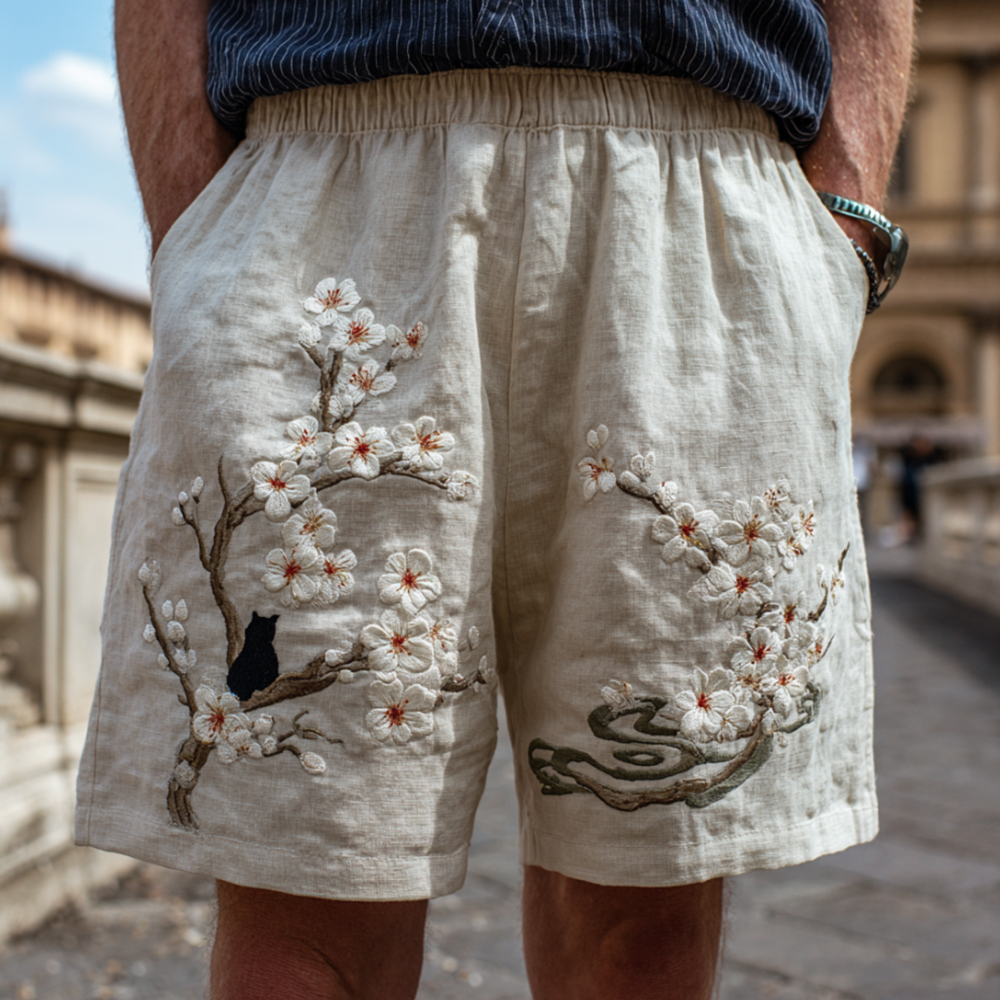 Vintage Japanese-style Cherry Blossom And Cat Art Embroidered Washed Shorts elevenforest